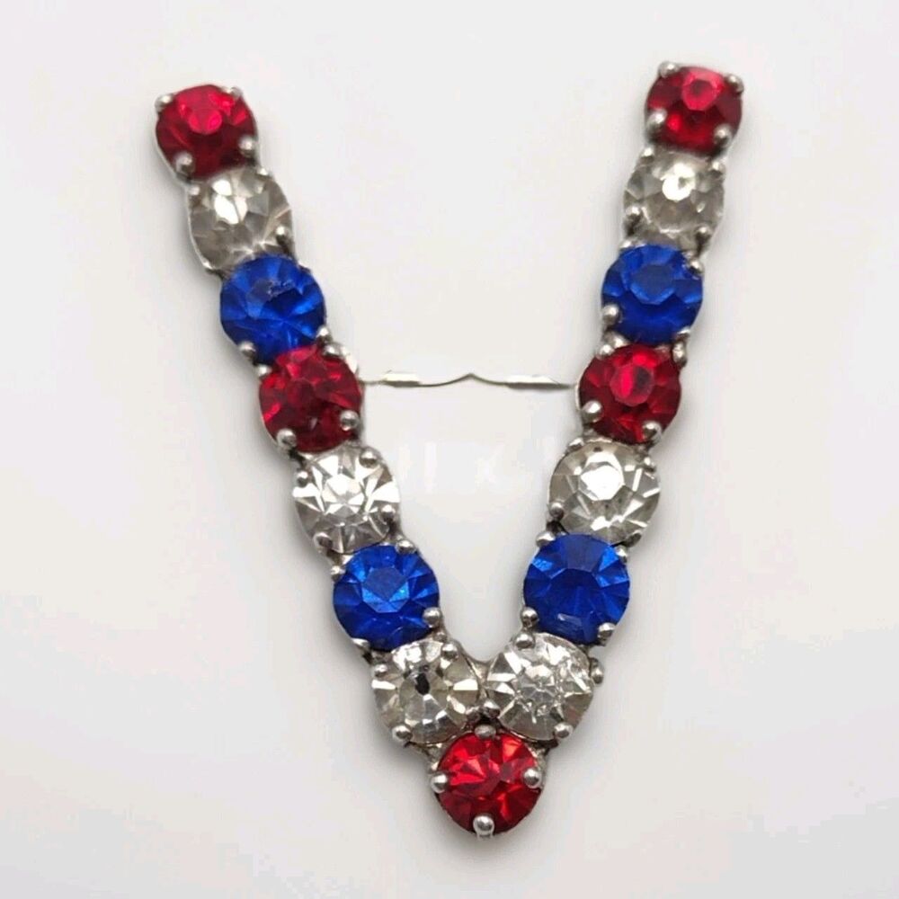 WWII Victory Brooch Pin Sterling Silver Red White Blue Rhinestones Vintage 1940s